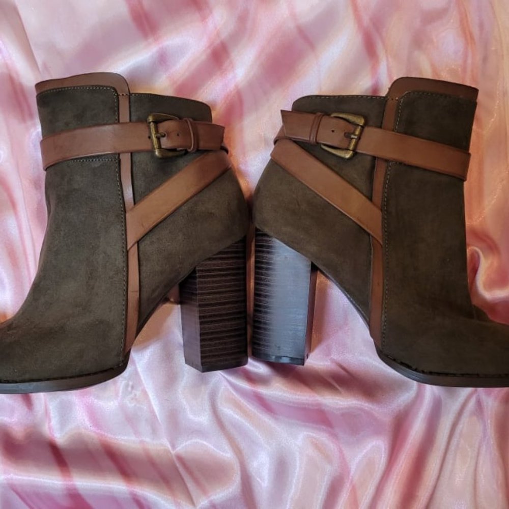 JustFab Green Olive Suede Ankle Booties